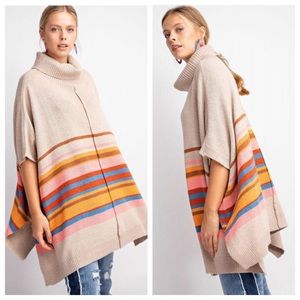 Cozy Multi-Stripe Turtleneck Poncho Sweater - Beige/Pink/Orange